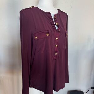 WHBM XL burgundy blouse with gold buttons